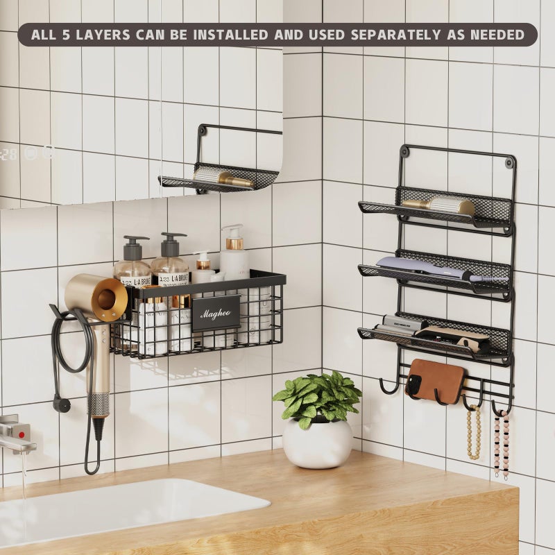 Magheo Hair Dryer Holder Wall Mounted, Adheisve Hair Styling Tool Organizer for hair Brush/Appliance Wall Mount with 5 Tier Shelf Basket Hooks Blow Dryer and Straightener Holder for Bathroom(Black) - Image 4