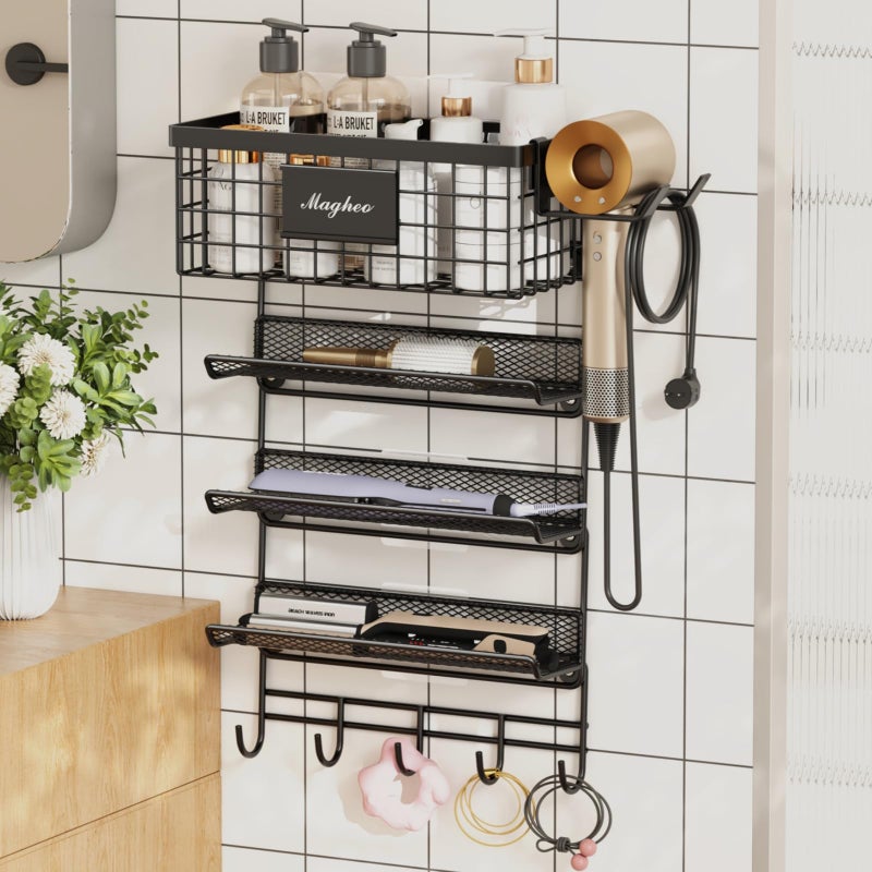 Magheo Hair Dryer Holder Wall Mounted, Adheisve Hair Styling Tool Organizer for hair Brush/Appliance Wall Mount with 5 Tier Shelf Basket Hooks Blow Dryer and Straightener Holder for Bathroom(Black) - Image 1