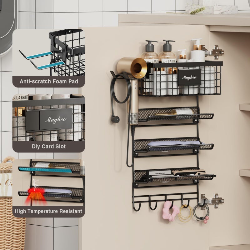 Magheo Hair Dryer Holder Wall Mounted, Adheisve Hair Styling Tool Organizer for hair Brush/Appliance Wall Mount with 5 Tier Shelf Basket Hooks Blow Dryer and Straightener Holder for Bathroom(Black) - Image 2