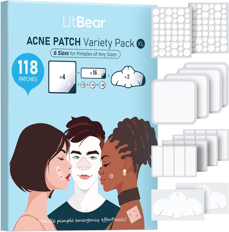 LitBear LitBear Large Pimple Patches for Face 6 Sizes 118 Patches Big Hydrocolloid Acne Patches XL Hydrocolloid Bandages for Body Cheek Forehead Chin Full Face Back Nose 