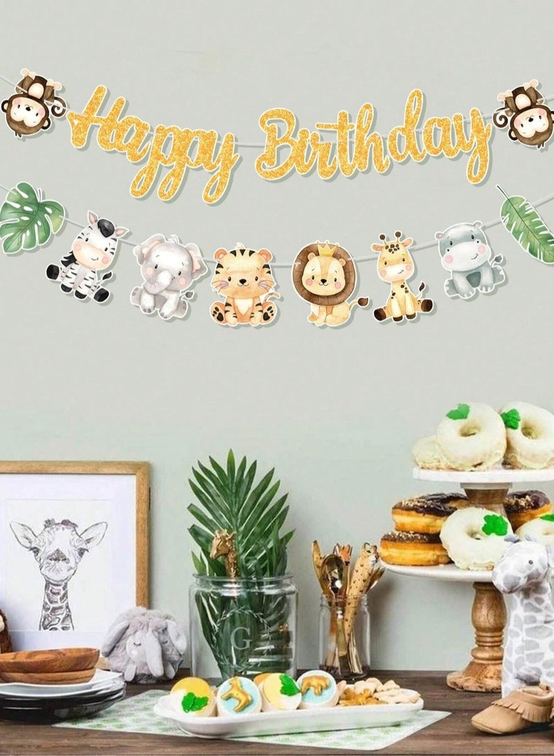 Birthday Decoration Banner with Cute Jungle Animals Design Featuring "Happy Birthday" Phrase – Perfect for Birthday Parties and Themed Celebrations  - Image 1