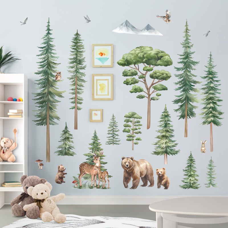 decalmile Large Pine Tree Woodland Wall Decals Forest Animal Bear Deer Wall Stickers Kids Room Baby Nursery Bedroom Wall Decor - Image 3