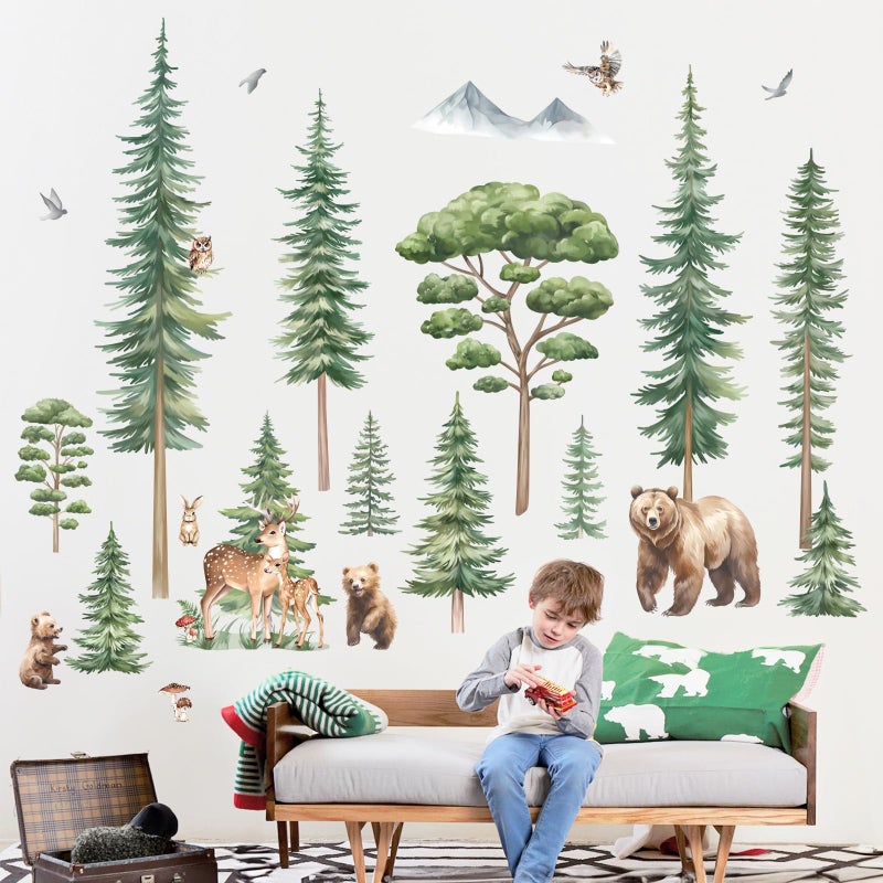 decalmile Large Pine Tree Woodland Wall Decals Forest Animal Bear Deer Wall Stickers Kids Room Baby Nursery Bedroom Wall Decor - Image 1