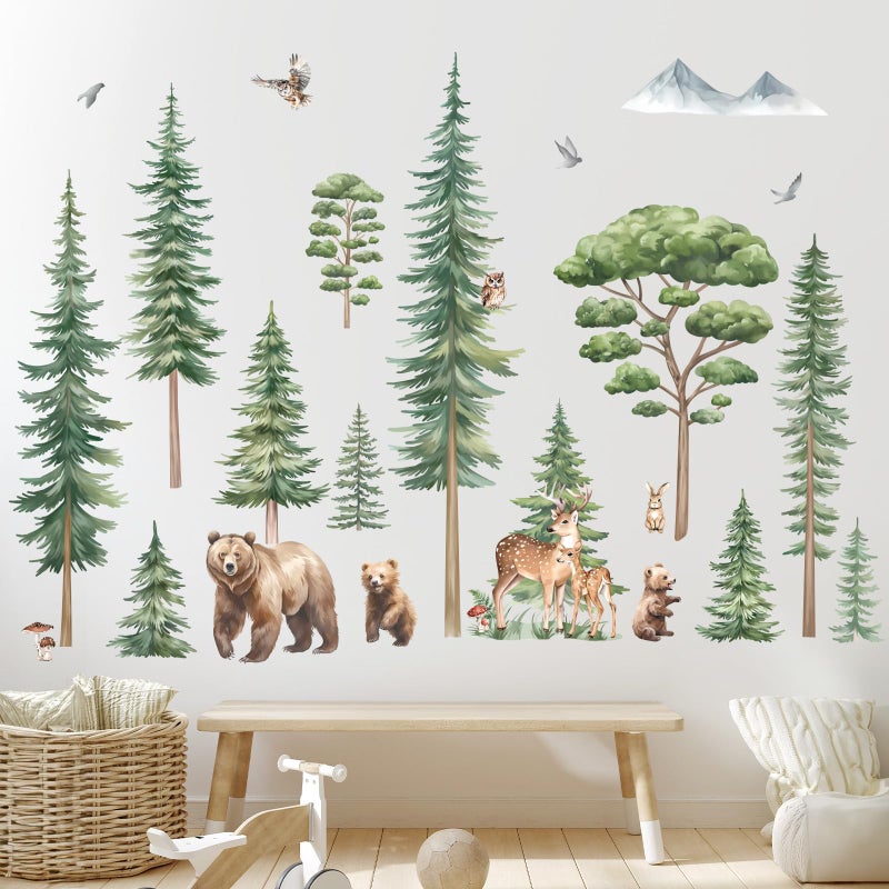 decalmile Large Pine Tree Woodland Wall Decals Forest Animal Bear Deer Wall Stickers Kids Room Baby Nursery Bedroom Wall Decor - Image 2