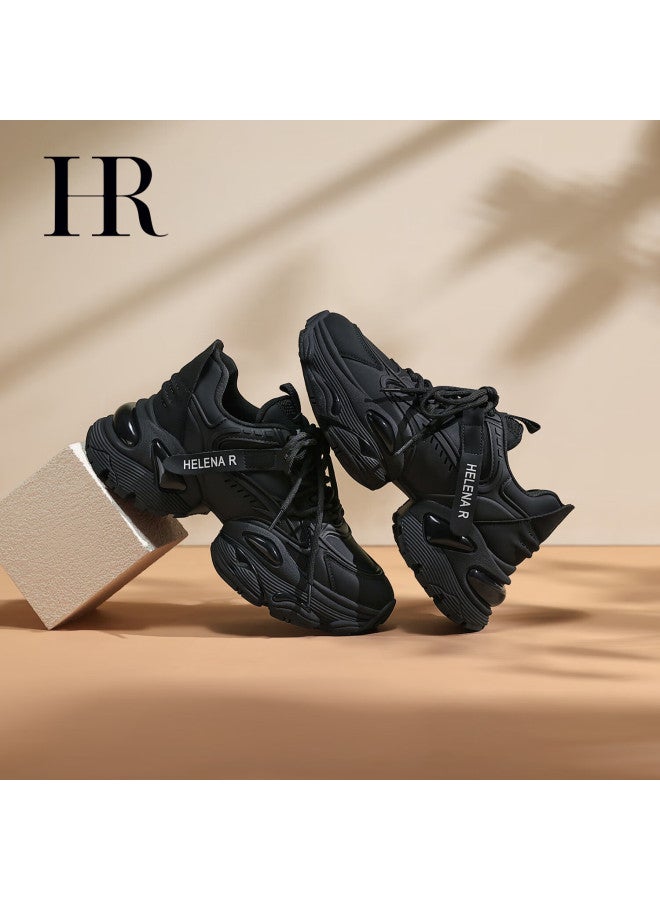Hr Helena Women's Shoes Autumn Winter New Versatile Cushioned Sports Dad Sneakers Black - Thick Fleece Size 37 - Image 1