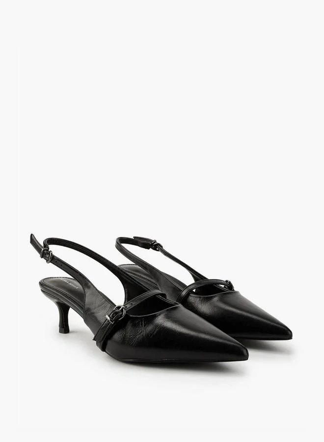 Solid Pointed Toe Shoes with Buckle Closure and Kitten Heels