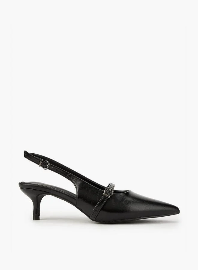 Solid Pointed Toe Shoes with Buckle Closure and Kitten Heels