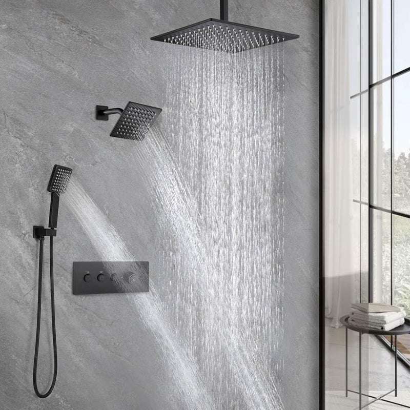 POP SANITARYWARE مجموعة حنفية دش أسود، نظام دش مطري للحمام، رأس دش مثبت على السقف 12 بوصة مع رأس دش مثبت على الحائط 6 بوصة ودش يدوي، تشمل صمام الدش ومجموعة التشذيب، أسود غير لامع - Image 2
