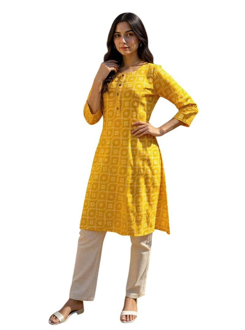 rangita Yellow Cotton Straight Printed Calf Length Kurti | Kurta for Women_L - Image 5