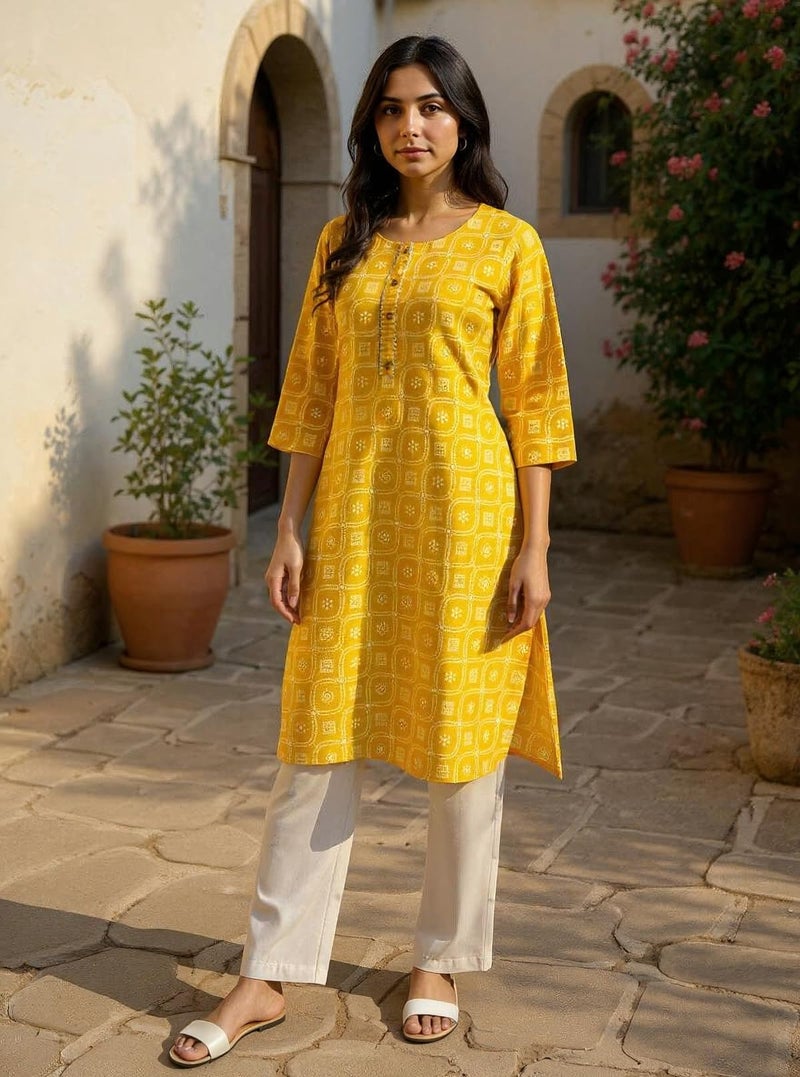 rangita Yellow Cotton Straight Printed Calf Length Kurti | Kurta for Women_L - Image 3