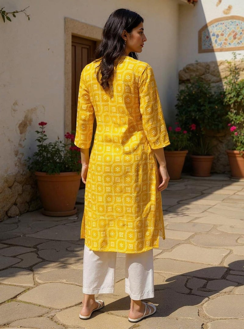 rangita Yellow Cotton Straight Printed Calf Length Kurti | Kurta for Women_L - Image 4