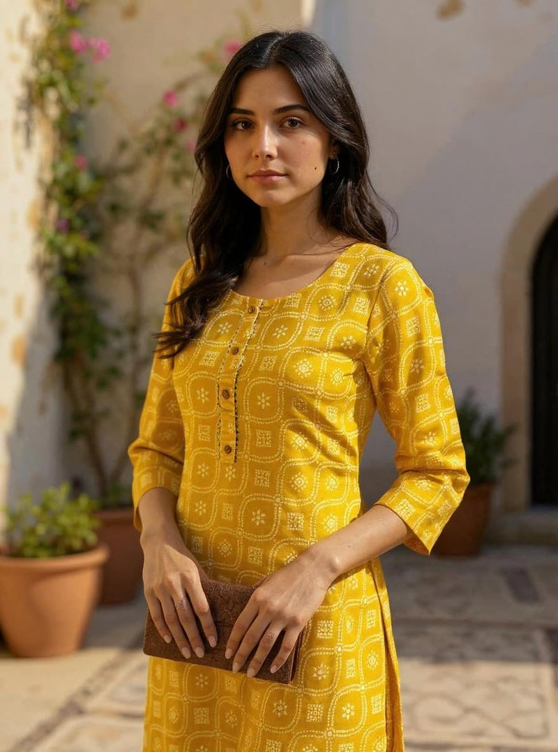 rangita Yellow Cotton Straight Printed Calf Length Kurti | Kurta for Women_L - Image 2