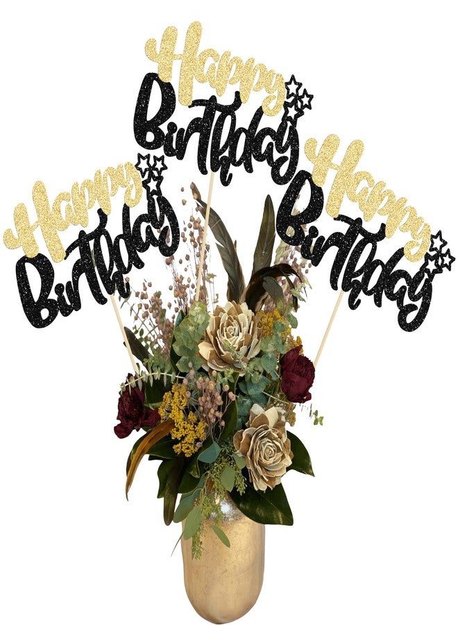 Ephlyn 12Pcs Happy Birthday Party Decorations Birthday Sign Centerpiece Sticks Double Sided Glitter Table Toppers Decorations for Baby Shower Anniversary Party Decors Favors Black Gold - Image 1