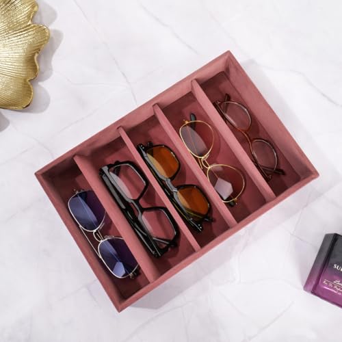 La Trove Sunglasses Organizer Tray for Drawer | 5 Slot Velvet Eyewear Storage Holder for Sunglasses, Goggles, Spectacles & Shades | Display Case for Wardrobe | Dark Pink - Image 1