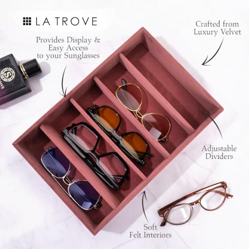 La Trove Sunglasses Organizer Tray for Drawer | 5 Slot Velvet Eyewear Storage Holder for Sunglasses, Goggles, Spectacles & Shades | Display Case for Wardrobe | Dark Pink - Image 3