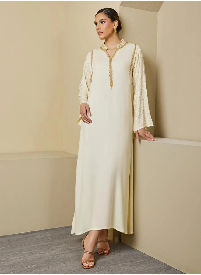 Styli Embellished Stand Collar Lace Detail A-Line Jalabyia