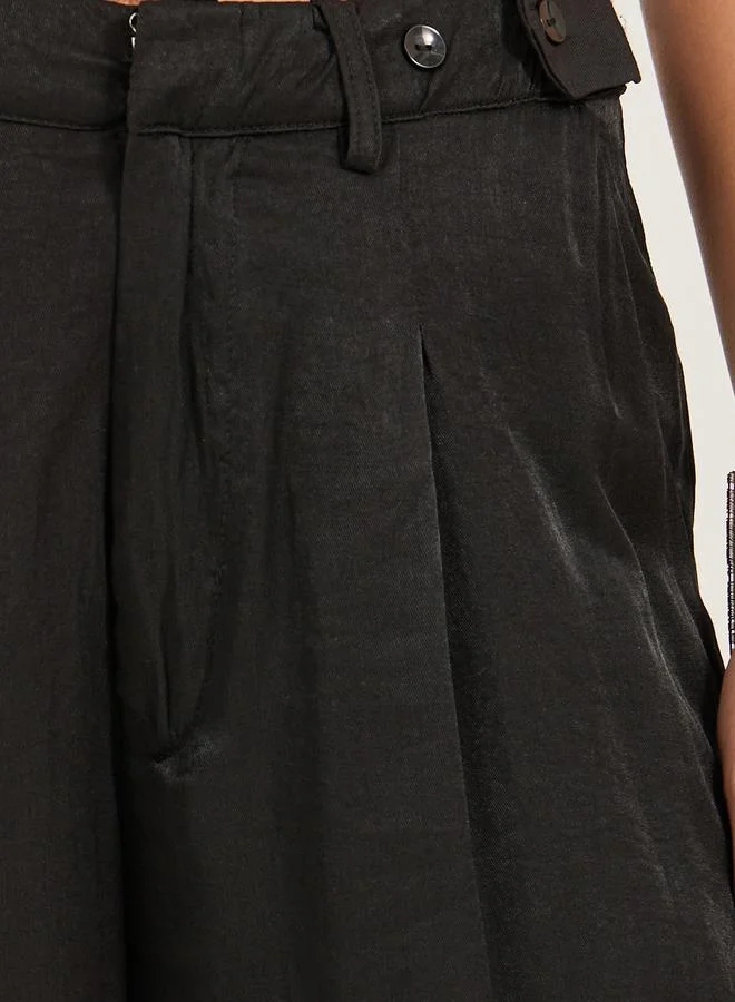 Styli Solid Pleated Wide Leg Pants with Belt Loops