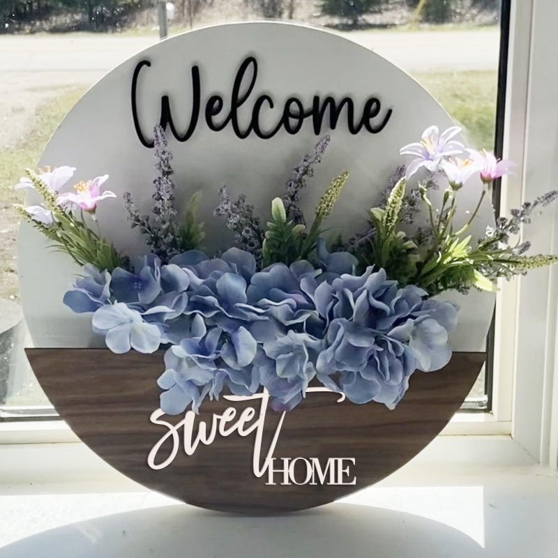 Jxueych Welcome Sign Interchangeable Florals for All Seasons12 inch Home Front Door Window Wreaths Decor Spring Summer Table Kitchen Decoration White