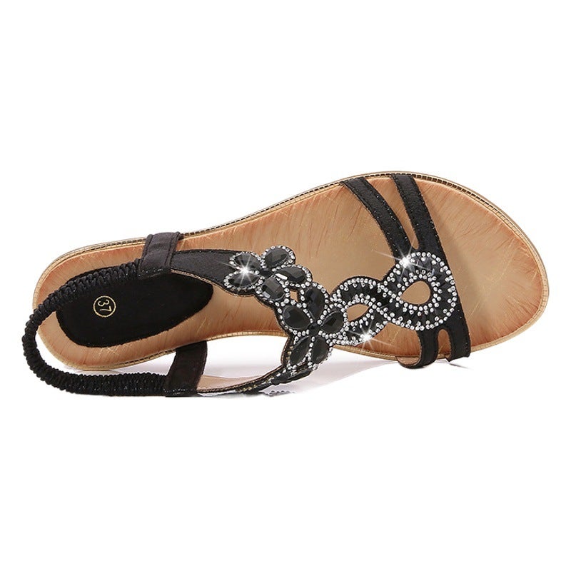 2025 Spring New Bohemian Sandals Round Toe Flat Sandals Women''s Rhinestone Large Size Women''s Sandals - Image 2