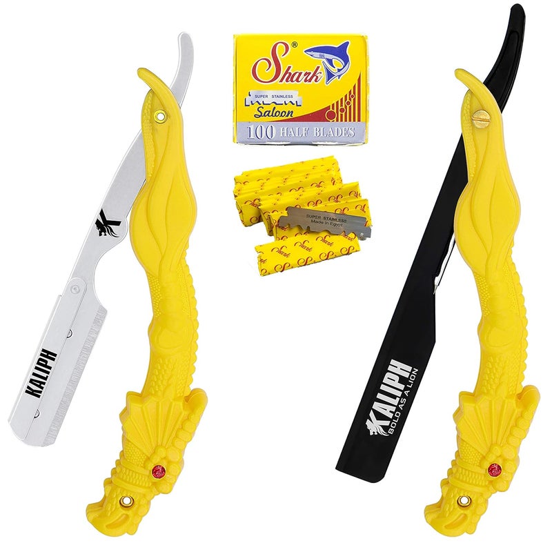 Kaliph Professional Barber Straight Razor  Premium Pack of 2 Straight Edge Razor with 100 Shaving Blades  Mens Manual Navajas Para Barbero Shaver Shavette Knife for Smooth Close Shaving YELLOW