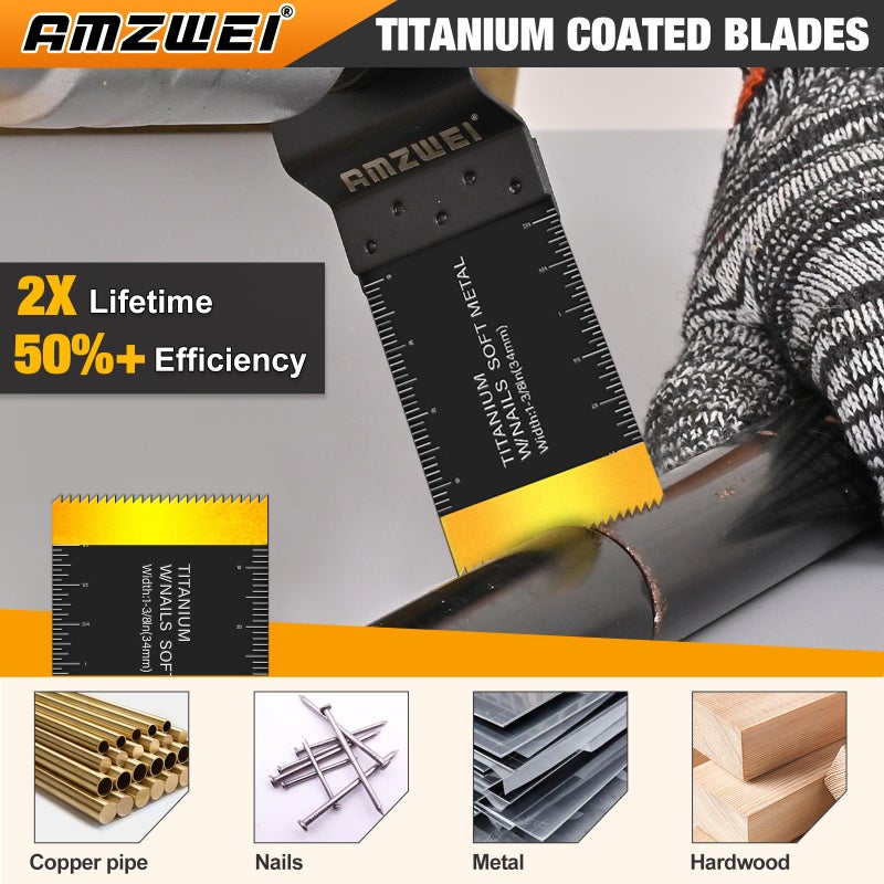 AMZWEI 50PCS Multi Tool Blade Kits, Professional Titanium Oscillating Tool Blades for Metal, Wood, Plastic, Curved Edge Oscillating Saw Blades Compatible with Dewalt Milwaukee Ryobi Rockwell Fein - Image 4