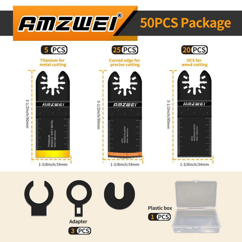 AMZWEI 50PCS Multi Tool Blade Kits, Professional Titanium Oscillating Tool Blades for Metal, Wood, Plastic, Curved Edge Oscillating Saw Blades Compatible with Dewalt Milwaukee Ryobi Rockwell Fein - Image 2