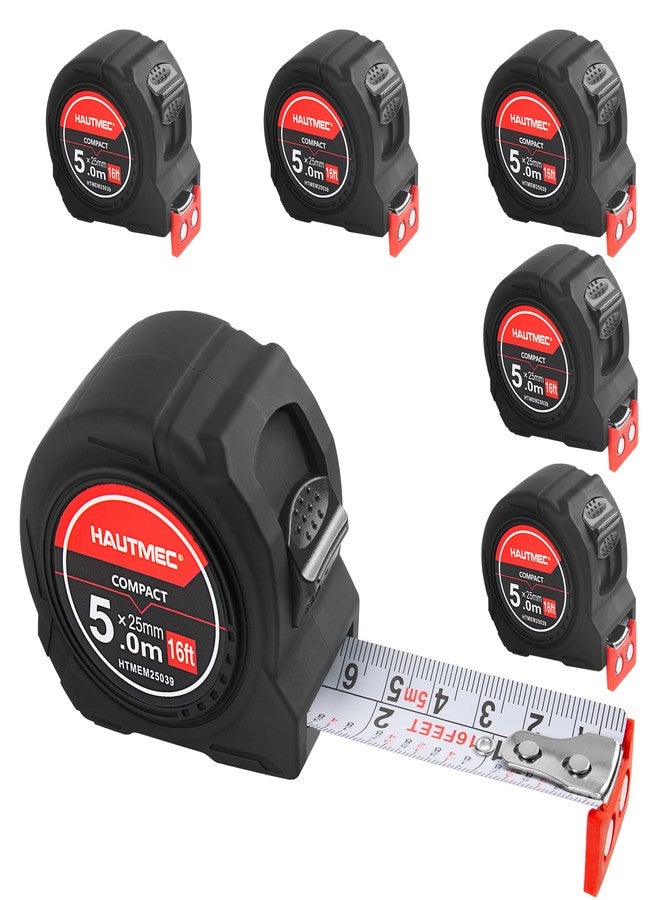 HAUTMEC شريط قياس من هوتميك، ٥ أمتار/١٦ قدمًا، عبوة من ٦ قطع، بخطاف مغناطيسي وقفل فرامل بالإصبع | مقياس متري وإمبراطورية مزدوج بقياس ١/٨ بوصة | صغير الحجم للبناء والنجارين وتجار الجملة ٢٥٠٣٩ - Image 1