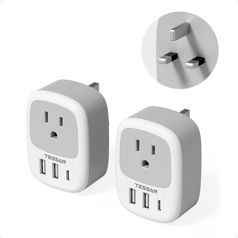 تيسان 2 عبوة من محولات المملكة المتحدة للسفر، محول قابس أيرلندا مع 3 منافذ USB (1 USB C)، مقبس طاقة من النوع G من الولايات المتحدة إلى المملكة المتحدة اسكتلندا إنجلترا دبي هونغ كونغ لندن بريطانيا كينيا أيرلندا قطر - Image 1