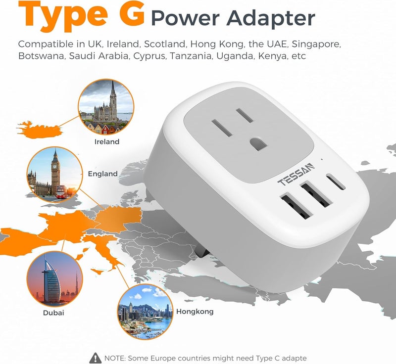 تيسان 2 عبوة من محولات المملكة المتحدة للسفر، محول قابس أيرلندا مع 3 منافذ USB (1 USB C)، مقبس طاقة من النوع G من الولايات المتحدة إلى المملكة المتحدة اسكتلندا إنجلترا دبي هونغ كونغ لندن بريطانيا كينيا أيرلندا قطر - Image 2