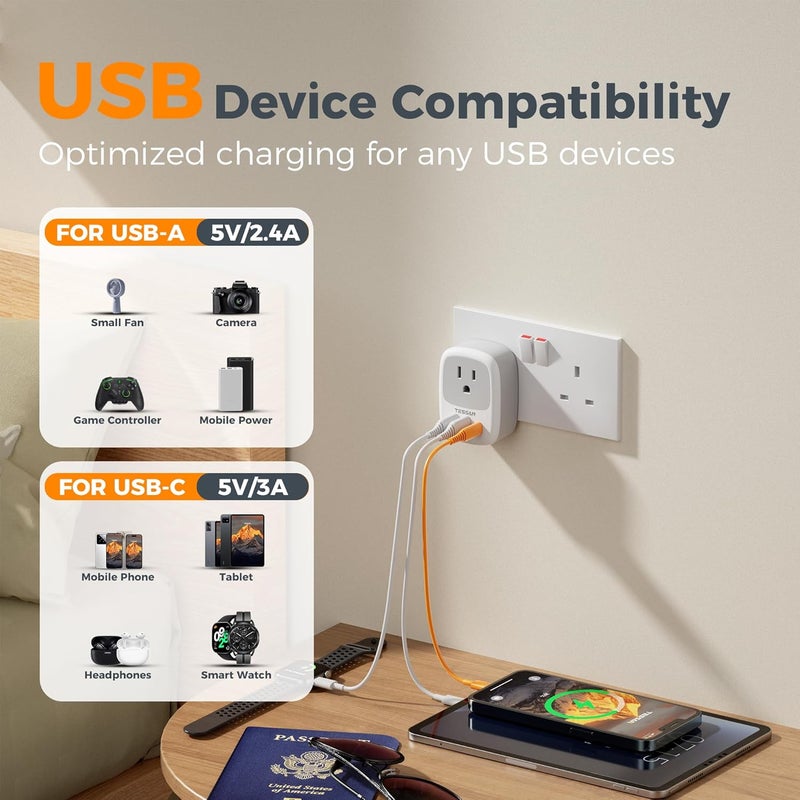 تيسان 2 عبوة من محولات المملكة المتحدة للسفر، محول قابس أيرلندا مع 3 منافذ USB (1 USB C)، مقبس طاقة من النوع G من الولايات المتحدة إلى المملكة المتحدة اسكتلندا إنجلترا دبي هونغ كونغ لندن بريطانيا كينيا أيرلندا قطر - Image 4