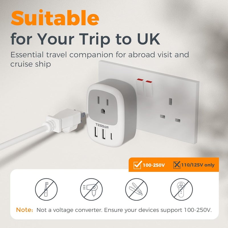 تيسان 2 عبوة من محولات المملكة المتحدة للسفر، محول قابس أيرلندا مع 3 منافذ USB (1 USB C)، مقبس طاقة من النوع G من الولايات المتحدة إلى المملكة المتحدة اسكتلندا إنجلترا دبي هونغ كونغ لندن بريطانيا كينيا أيرلندا قطر - Image 5