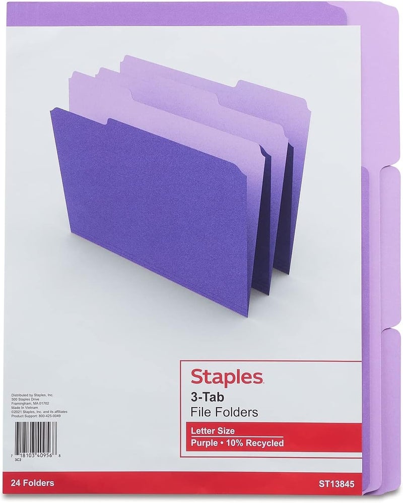 Staples 659790 Colored TopTab File Folders 3 Tab Purple Letter Size 24Pack - Image 2