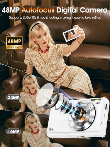 Lecnippy Digital CameraAutofocus 4K Vlogging Camera for Photography with 32GB Card48MP Portable Compact Point and Shoot Digital Camera for Teens Adult Beginner with 16X ZoomAntiShake2 BatteriesWhite - Image 3