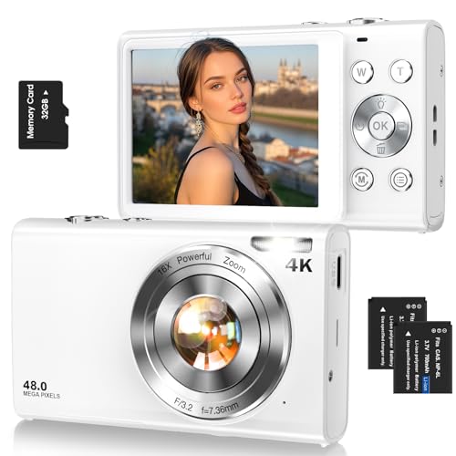 Lecnippy Digital CameraAutofocus 4K Vlogging Camera for Photography with 32GB Card48MP Portable Compact Point and Shoot Digital Camera for Teens Adult Beginner with 16X ZoomAntiShake2 BatteriesWhite - Image 1