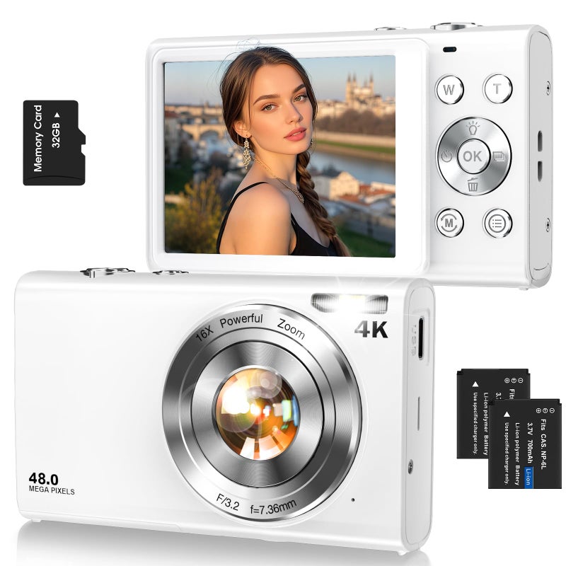 Lecnippy Digital CameraAutofocus 4K Vlogging Camera for Photography with 32GB Card48MP Portable Compact Point and Shoot Digital Camera for Teens Adult Beginner with 16X ZoomAntiShake2 BatteriesWhite - Image 2