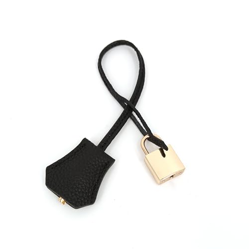 M-ioi-M Genuine Leather Key Clochette Bag Charms, Bell Shaped Key Holder Purse Pendant Ornament, Deco Keychain, Accessories Replacement for Luxury Designer Handbags (Black + light gold padlock) - Image 1
