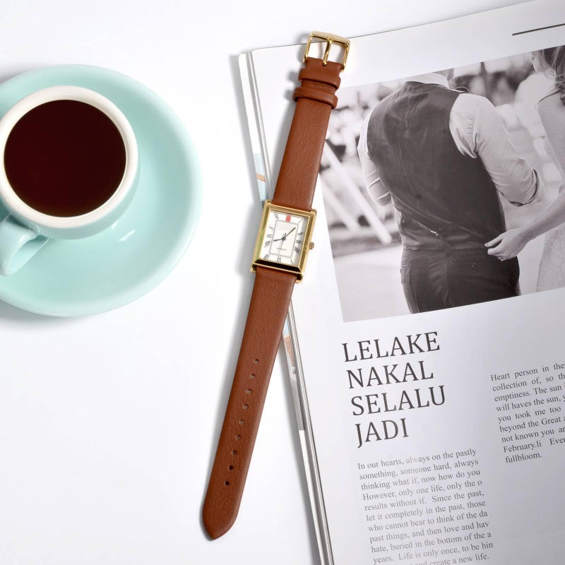 WOCCI 14mm Lug Width, Elegant Watch Band, Genuine Leather Replacement Strap with Gold Buckle (Terracotta Brown) - Image 2