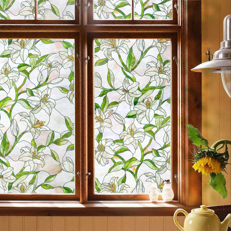 ADD.HERES 3D Stained Glass Window Film, Decorative Window Privacy Film for Bathroom, Front Door, Home, Sun Blocking Heat Control, Static Cling,White Lily 17.3inch x 47.2inch - Image 1