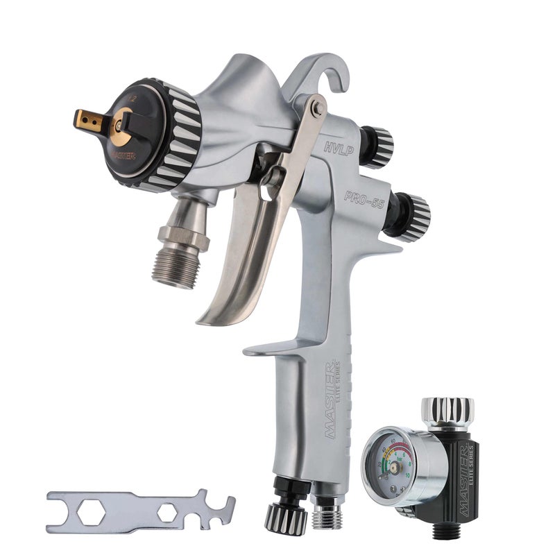 Master Airbrush Master Elite High-Performance PRO-55 Series HVLP Pressure Feed Spray Gun with 1.2mm Tip - Ideal for Automotive Basecoats, Clearcoats, Primers, Industrial & Woodworking Coatings - Superior Atomization