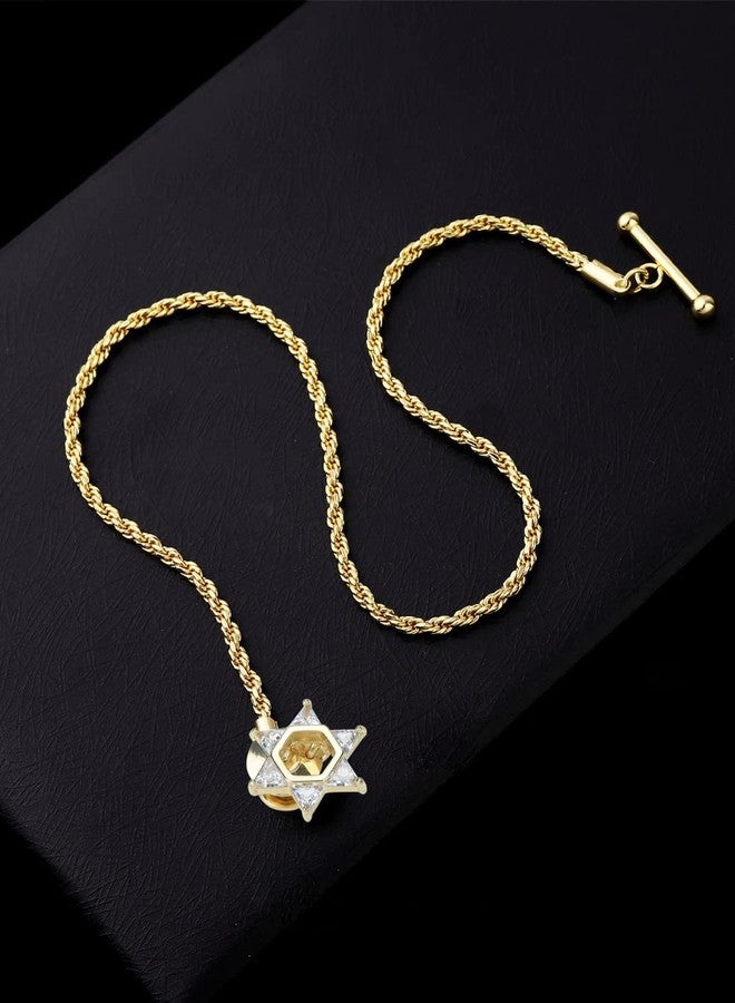 VVCome Men's 18K Gold Plated Alloy Cubic Zirconia Star of David Lapel Pin with Tassel, 330mm Chain, Gold Color, Suitable for Formal Occasions, Adult Men, Jewish Culture - Image 4