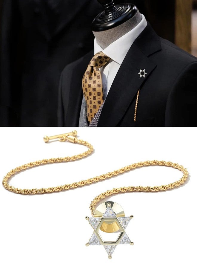VVCome Men's 18K Gold Plated Alloy Cubic Zirconia Star of David Lapel Pin with Tassel, 330mm Chain, Gold Color, Suitable for Formal Occasions, Adult Men, Jewish Culture - Image 2
