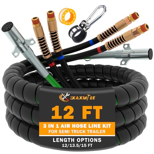 XaXmTee 12FT Semi Truck Air Lines Kit 3IN1 Trailer Cord and Air Brake Hoses Assembly without Rubber Gladhand Handles for Semi Truck Trailer Tractor - Image 1