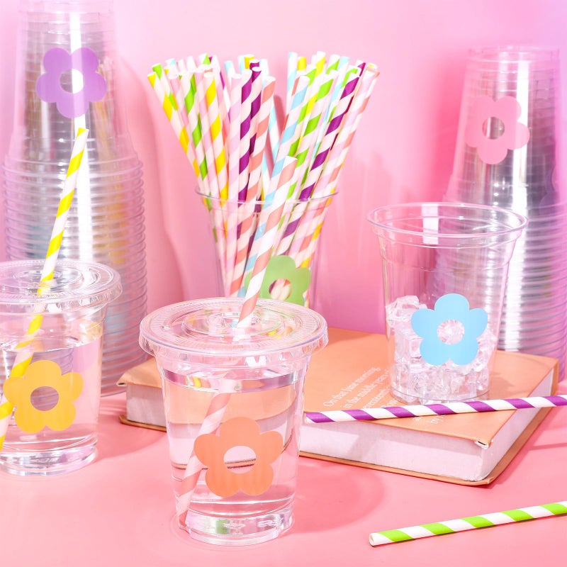 Whaline 60Pcs 12Oz Flower Disposable Plastic Cups with Lids and Straws Cute Pastel Floral Cold Beverage Drinking Cups for Spring Summer Wedding Birthday Baby Shower - Image 4