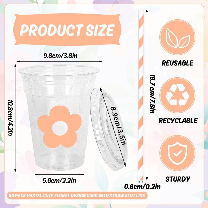 Whaline 60Pcs 12Oz Flower Disposable Plastic Cups with Lids and Straws Cute Pastel Floral Cold Beverage Drinking Cups for Spring Summer Wedding Birthday Baby Shower - Image 2