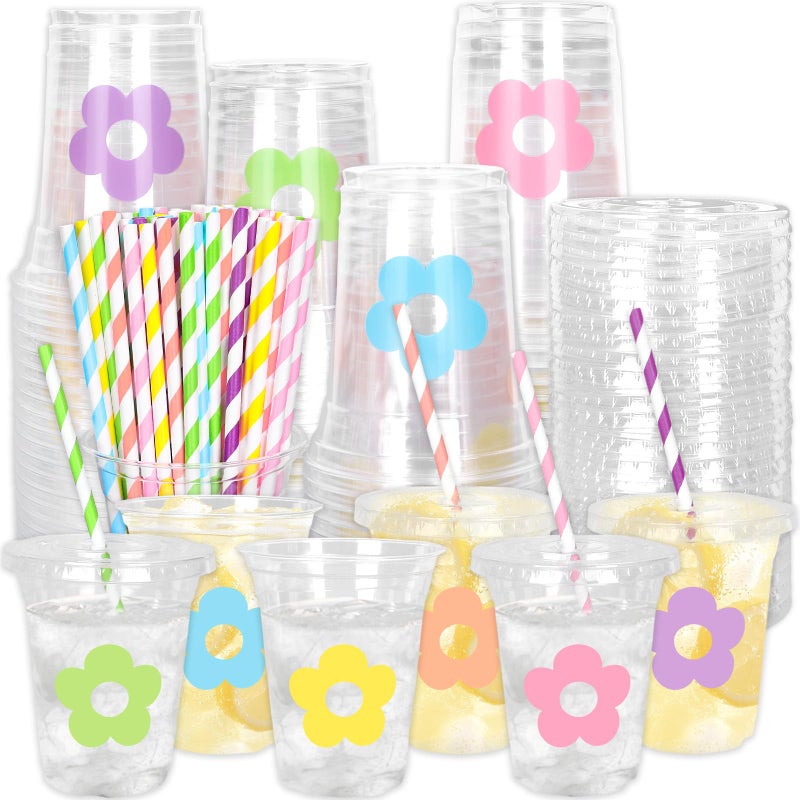 Whaline 60Pcs 12Oz Flower Disposable Plastic Cups with Lids and Straws Cute Pastel Floral Cold Beverage Drinking Cups for Spring Summer Wedding Birthday Baby Shower - Image 1