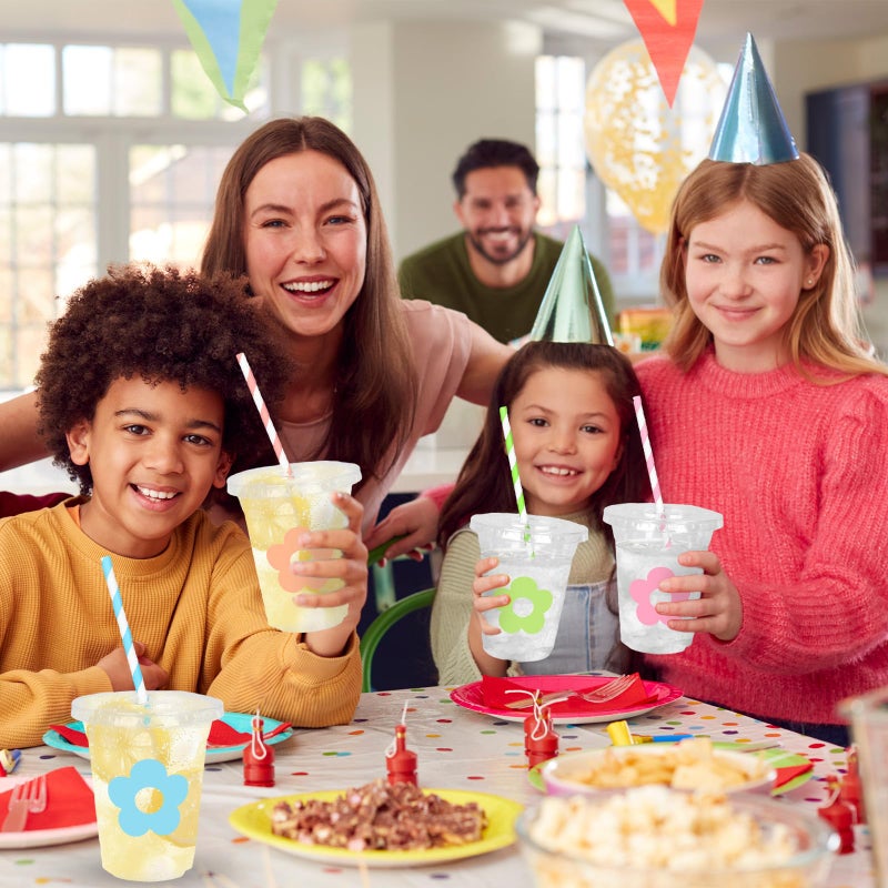 Whaline 60Pcs 12Oz Flower Disposable Plastic Cups with Lids and Straws Cute Pastel Floral Cold Beverage Drinking Cups for Spring Summer Wedding Birthday Baby Shower - Image 5