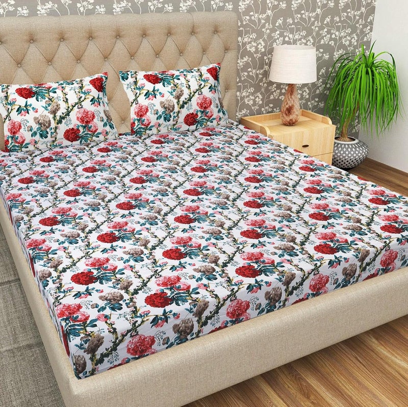 E Ezra Bedsheet King Size 100 Pure Cotton 300 TC Bed Sheet with 2 Pillow Covers Jaipuri Bedsheets 108 X100 Inches Red Floral