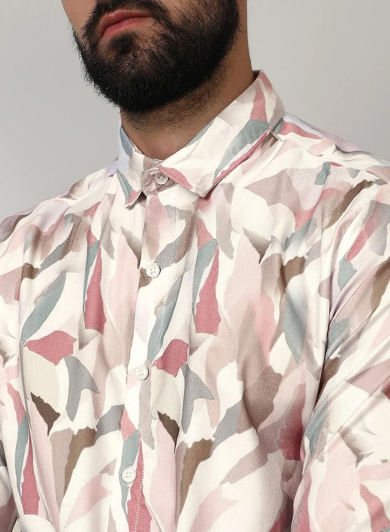 Campus Sutra Men's Nude Pink & Ivory White Petal Block Shirt