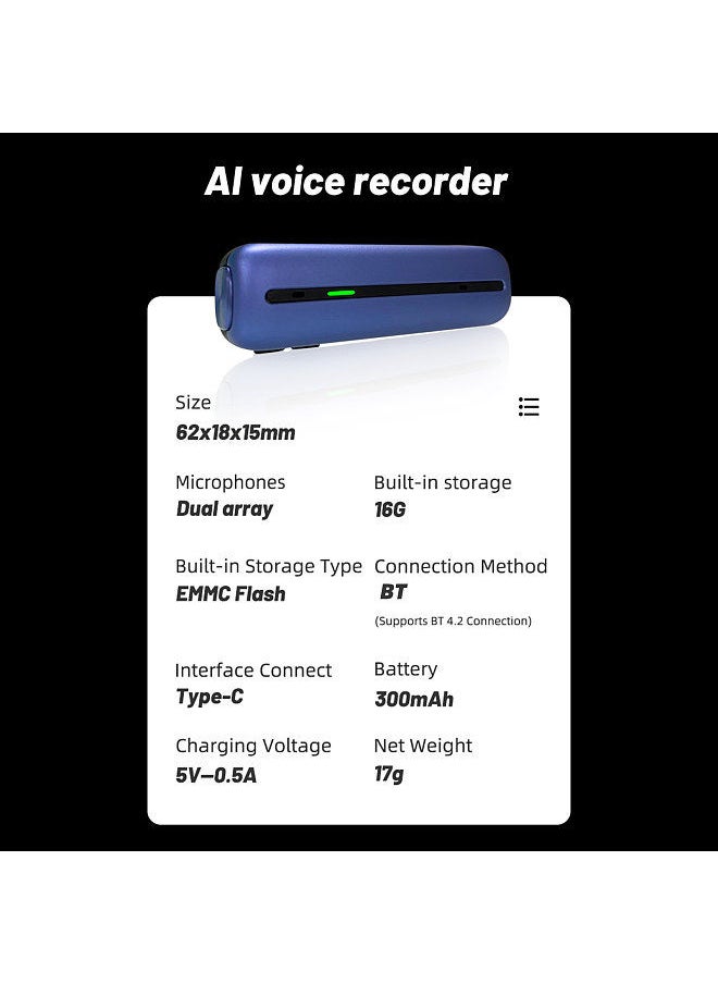 Mini Voice Recorder 16GB Digital Audio Recorder with AI Transcription and Translation on APP in 38 Languages 48 Accents Support USB and BT File Transfer For Meetings Interviews Lectures Class