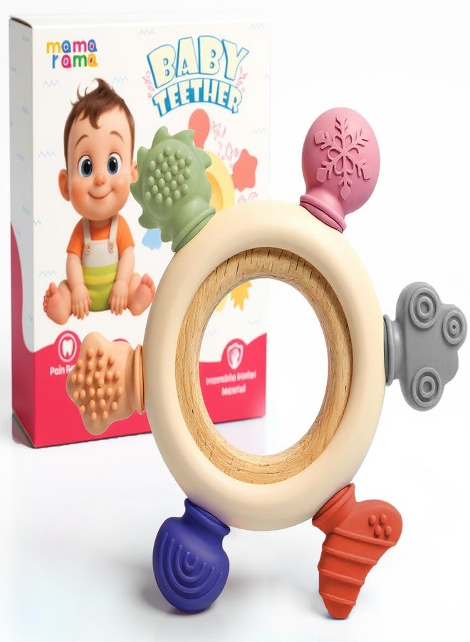 Mamarama Silicone & Wood Baby Teether - BPA-Free Teething Toy for 3+ Months, Soft Chewable Teether for Babies 0-6 Months, Natural Neem Wooden & Silicone Rattle for Gum & Teeth Relief, Best Rubber Sucker for Biting & Chewing (Color: Dark) - Image 1